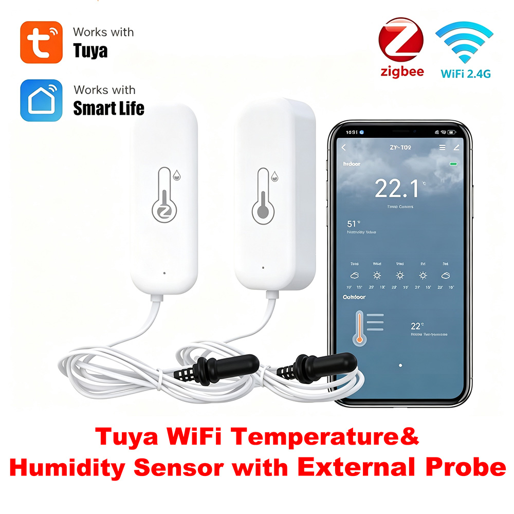 Weather Station Indoor - Tuya Zigbee WiFi 温度湿度センサー 外部プローブ付き、スマートホーム対応、スマートライフ、Google Home、Alexa対応