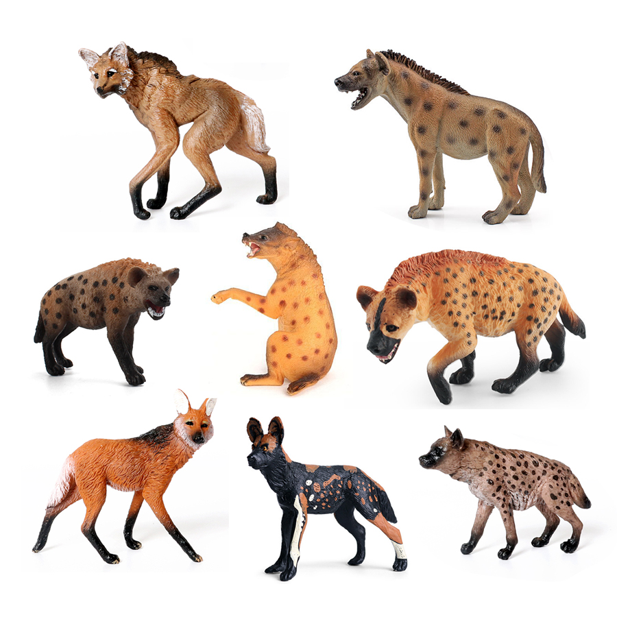 Science Toy - リアルなプラスチック野生動物ハイエナ、たてがみオオカミ、アフリカ野生犬のおもちゃ手描きの置物コレクション科学教育小道具