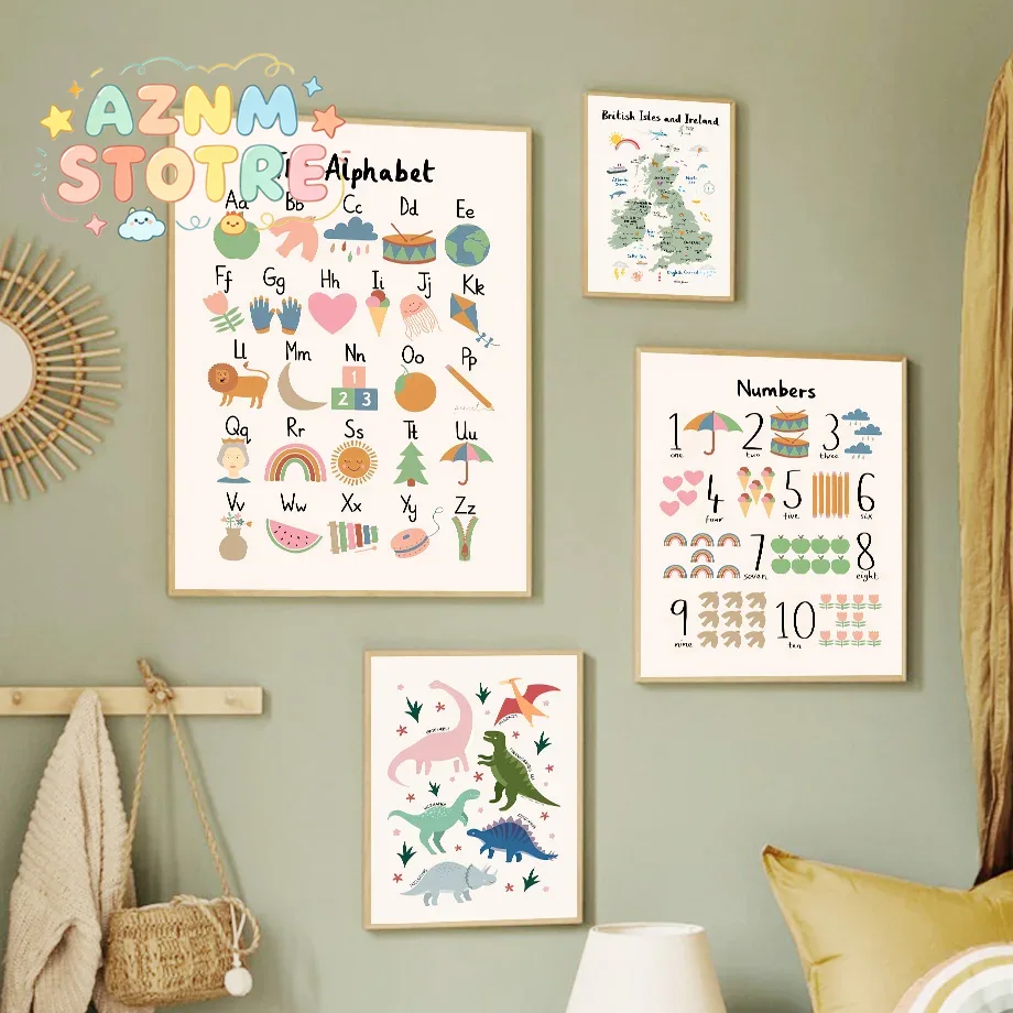 Star Map Poster - 動物世界地図 恐竜 アルファベット 数字 キャンバス ウォールアート