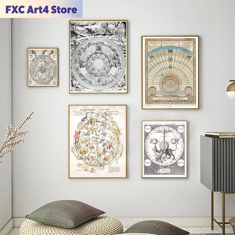 Star Map Poster - フレームレスヴィンテージ占星術星図ポスター黄道十二宮中世ルネッサンス地図アートプリント天文学壁絵キャンバス